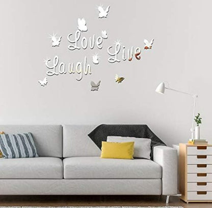 3D Acrylic Mirror Butterfly Stickers Silver Love Live Laugh Butterfly Wall Letters Butterfly, Home Decoration Decal