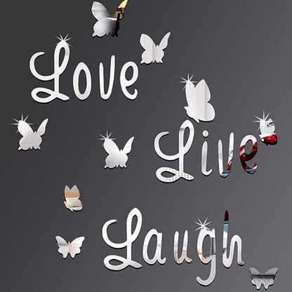 3D Acrylic Mirror Butterfly Stickers Silver Love Live Laugh Butterfly Wall Letters Butterfly, Home Decoration Decal